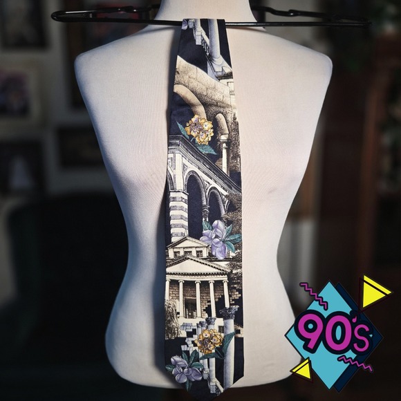Structure Other - Structure Silk Tie Vintage 90s Roman Architecture Greek Temple Floral Navy Blue